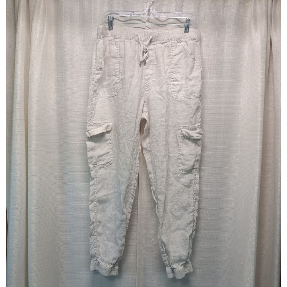 Nicole Miller New York Womens XL Linen Cargo Jogger Pants Cream Off White Casual